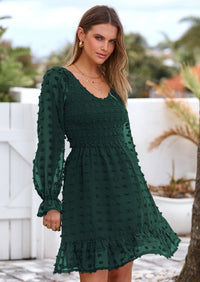 BTFBM Spring Dresses for Women 2026 Long Sleeve Casual V Neck Swiss Dot Smocked Ruffle Chiffon Flowy Mini Summer Dress PRETTYGARDEN