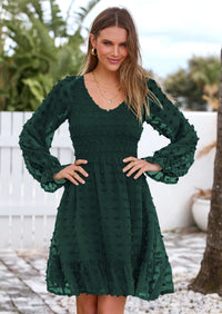 BTFBM Spring Dresses for Women 2026 Long Sleeve Casual V Neck Swiss Dot Smocked Ruffle Chiffon Flowy Mini Summer Dress PRETTYGARDEN