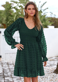 BTFBM Spring Dresses for Women 2026 Long Sleeve Casual V Neck Swiss Dot Smocked Ruffle Chiffon Flowy Mini Summer Dress PRETTYGARDEN