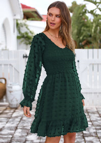 BTFBM Spring Dresses for Women 2026 Long Sleeve Casual V Neck Swiss Dot Smocked Ruffle Chiffon Flowy Mini Summer Dress PRETTYGARDEN