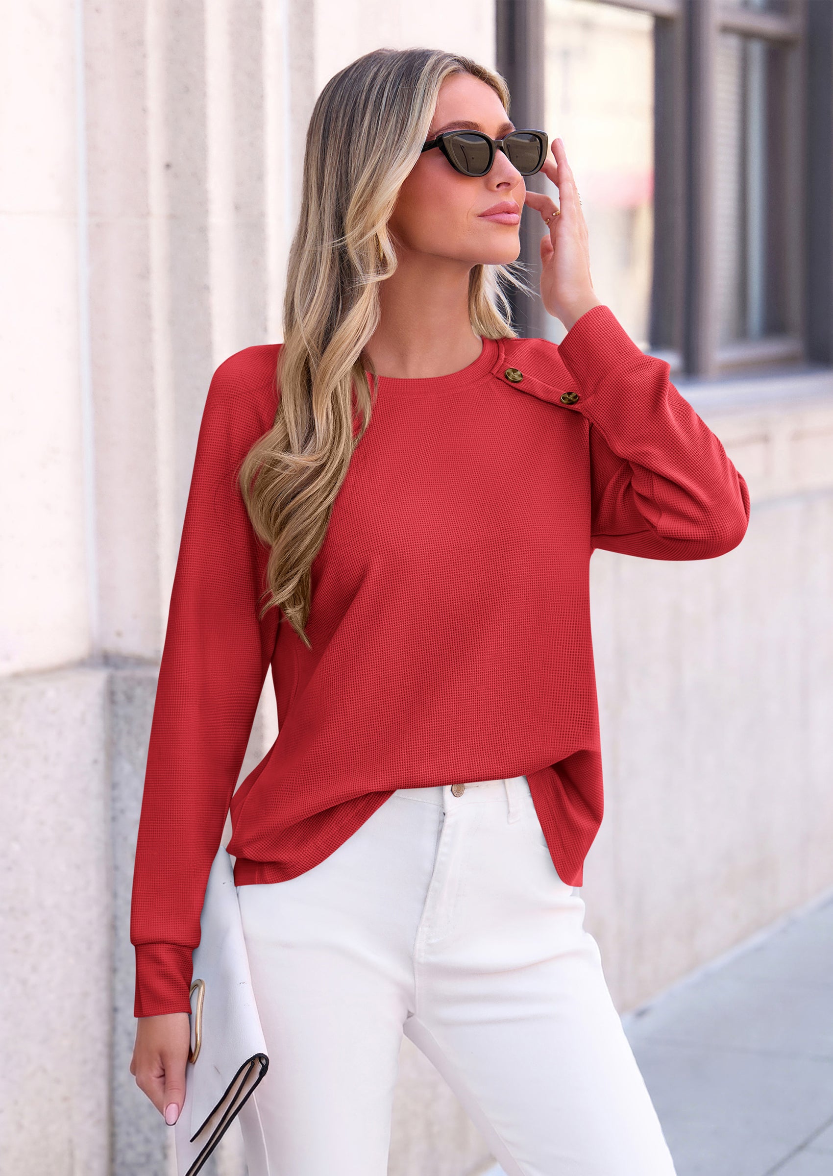 PRETTYGARDEN Long Sleeve Shirts for Women Waffle Knit Tops Fall Fashion Dressy Casual Loose Tunic Blouse Winter Clothing
