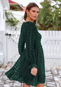 BTFBM Spring Dresses for Women 2026 Long Sleeve Casual V Neck Swiss Dot Smocked Ruffle Chiffon Flowy Mini Summer Dress PRETTYGARDEN