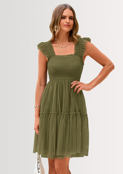 PRETTYGARDEN Womens Trendy Mini Summer Dresses Sleeveless Tulle Ruffle Square Neck Tiered Smocked Beach Vacation Dress