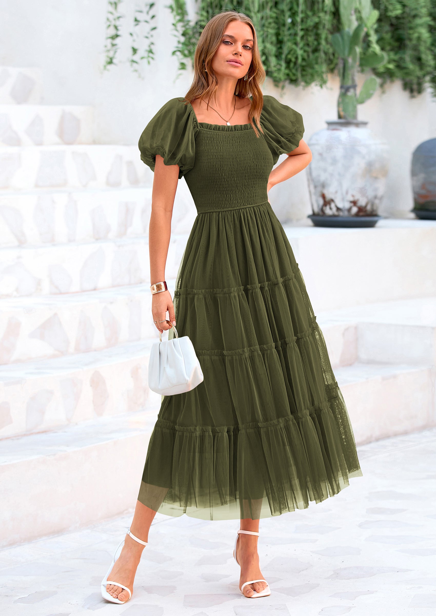 PRETTYGARDEN Women's Smocked Tulle Midi Dress Square Neck Puffy Short Sleeve Ruffle Wedding Guest Party Dresses