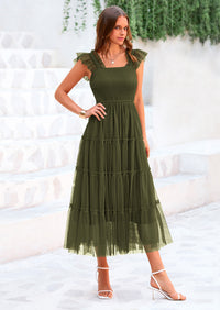 PRETTYGARDEN Women's Tulle Midi Dress Sleeveless Smocked Ruffle Mesh Flowy Dresses Party Wedding Guest Sundress