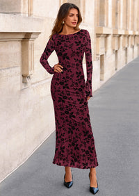 PRETTYGARDEN Women's Floral Bodycon Maxi Dress Fall Elegant Mesh Long Sleeve Formal Wedding Guest Cocktail Dresses