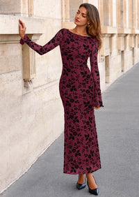 PRETTYGARDEN Women's Floral Bodycon Maxi Dress Fall Elegant Mesh Long Sleeve Formal Wedding Guest Cocktail Dresses