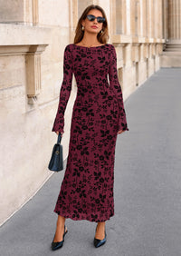 PRETTYGARDEN Women's Floral Bodycon Maxi Dress Fall Elegant Mesh Long Sleeve Formal Wedding Guest Cocktail Dresses