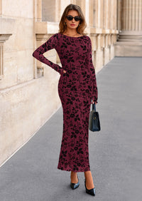 PRETTYGARDEN Women's Floral Bodycon Maxi Dress Fall Elegant Mesh Long Sleeve Formal Wedding Guest Cocktail Dresses