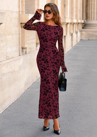 PRETTYGARDEN Women's Floral Bodycon Maxi Dress Fall Elegant Mesh Long Sleeve Formal Wedding Guest Cocktail Dresses