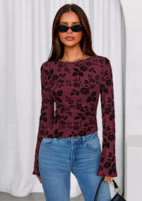 PRETTYGARDEN Women Long Sleeve Floral Mesh Tops Blouse  Fall Trendy Boat Neck Ruched Fitted Shirt Going Out Date Outfits