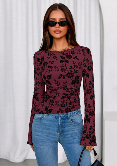 PRETTYGARDEN Women Long Sleeve Floral Mesh Tops Blouse  Fall Trendy Boat Neck Ruched Fitted Shirt Going Out Date Outfits