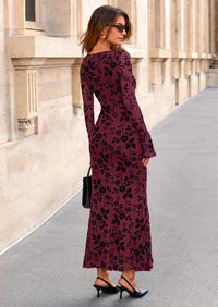 PRETTYGARDEN Women's Floral Bodycon Maxi Dress Fall Elegant Mesh Long Sleeve Formal Wedding Guest Cocktail Dresses