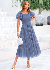 PRETTYGARDEN Women's Smocked Tulle Midi Dress Square Neck Puffy Short Sleeve Ruffle Wedding Guest Party Dresses