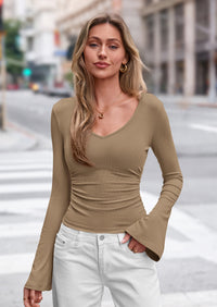 PRETTYGARDEN Women Fall Long Bell Sleeve Shirts Ribbed V Neck Fitted Ruched Trendy Y2K Going Out Tee Tops Summer Clothes
