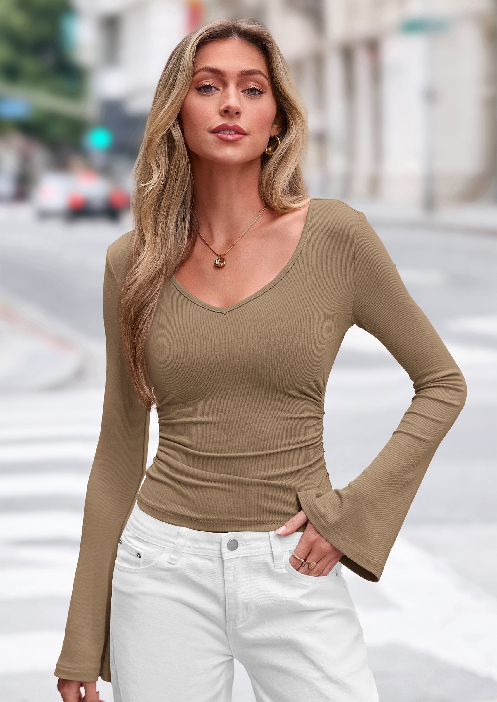 PRETTYGARDEN Women Fall Long Bell Sleeve Shirts Ribbed V Neck Fitted Ruched Trendy Y2K Going Out Tee Tops Summer Clothes