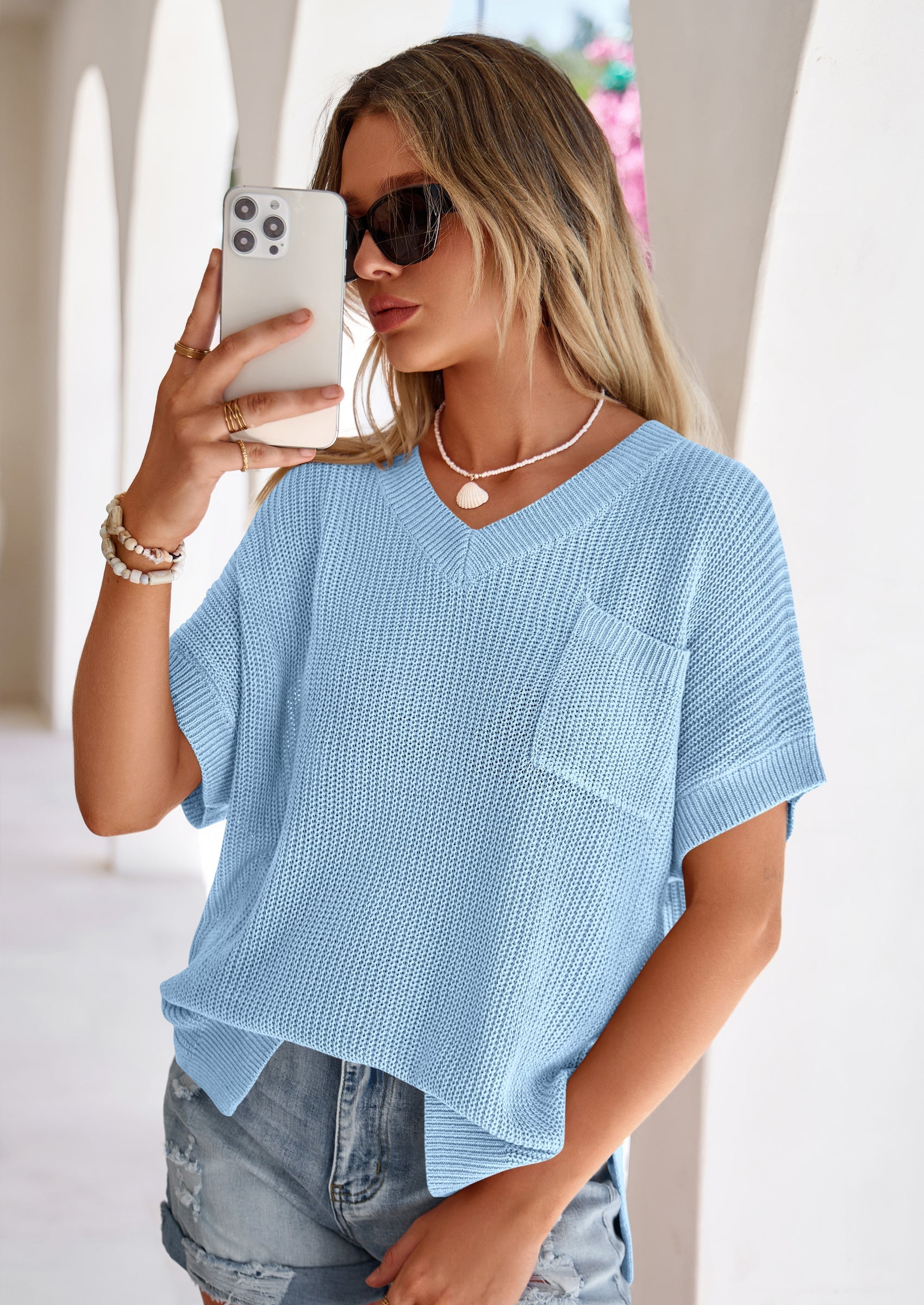 PRETTYGARDEN Women's Spring Short Sleeve Sweaters Lightweight V Neck Casual Going Out Summer T PRETTYGARDEN