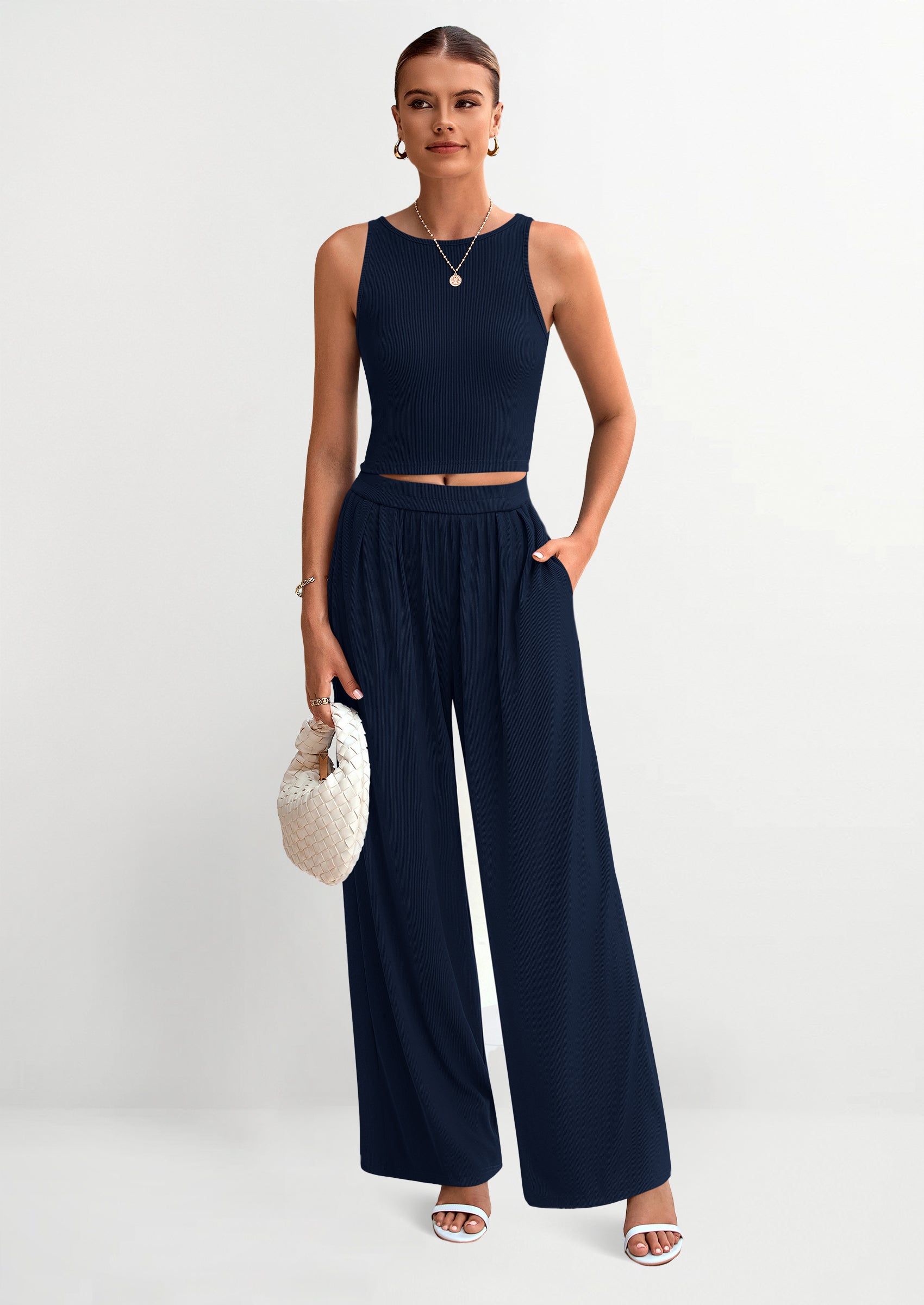 PRETTYGARDEN Two Piece Sets Ribbed Knit Crew Neck Sleeveless Tank Tops Wide Leg Pants Casual Lounge Set