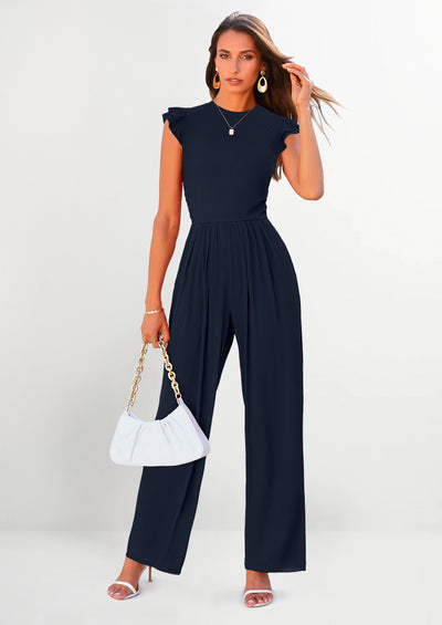 PRETTYGARDEN Casual Ruffle Cap Sleeves Romper Crew Neck Rib Knit One Piece Outfits