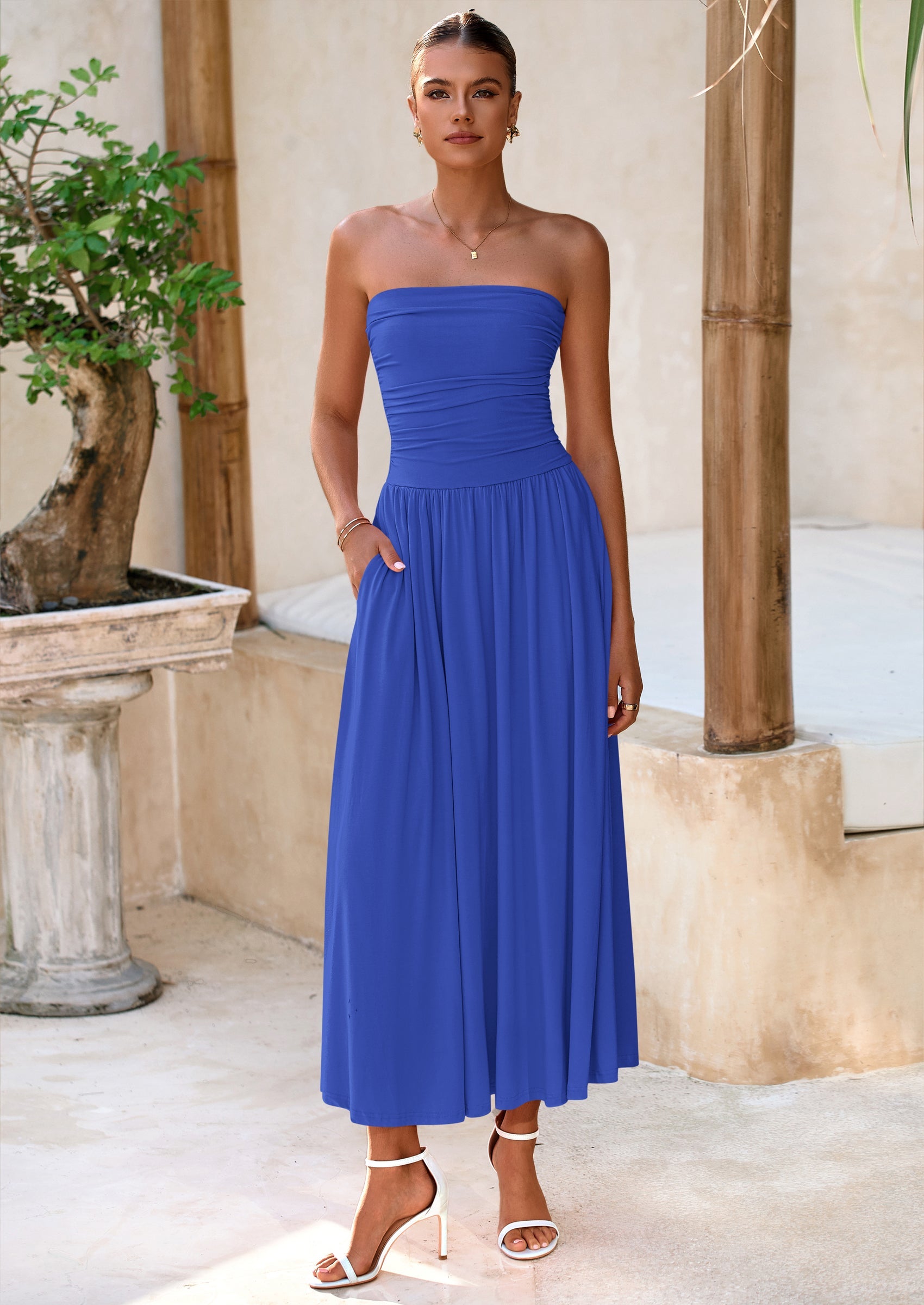 BTFBM Summer Maxi Dresses for Women Strapless Ruched Tube Top Beach Vacation Spring Wedding Guest Dress Pockets PRETTYGARDEN