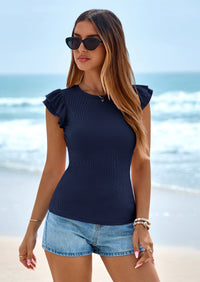 PRETTYGARDEN Womens Summer Crew Neck T Shirts Trendy Ruffle Sleeve Slim Fit Knit Going Out Tops Casual Spring Clothes PRETTYGARDEN