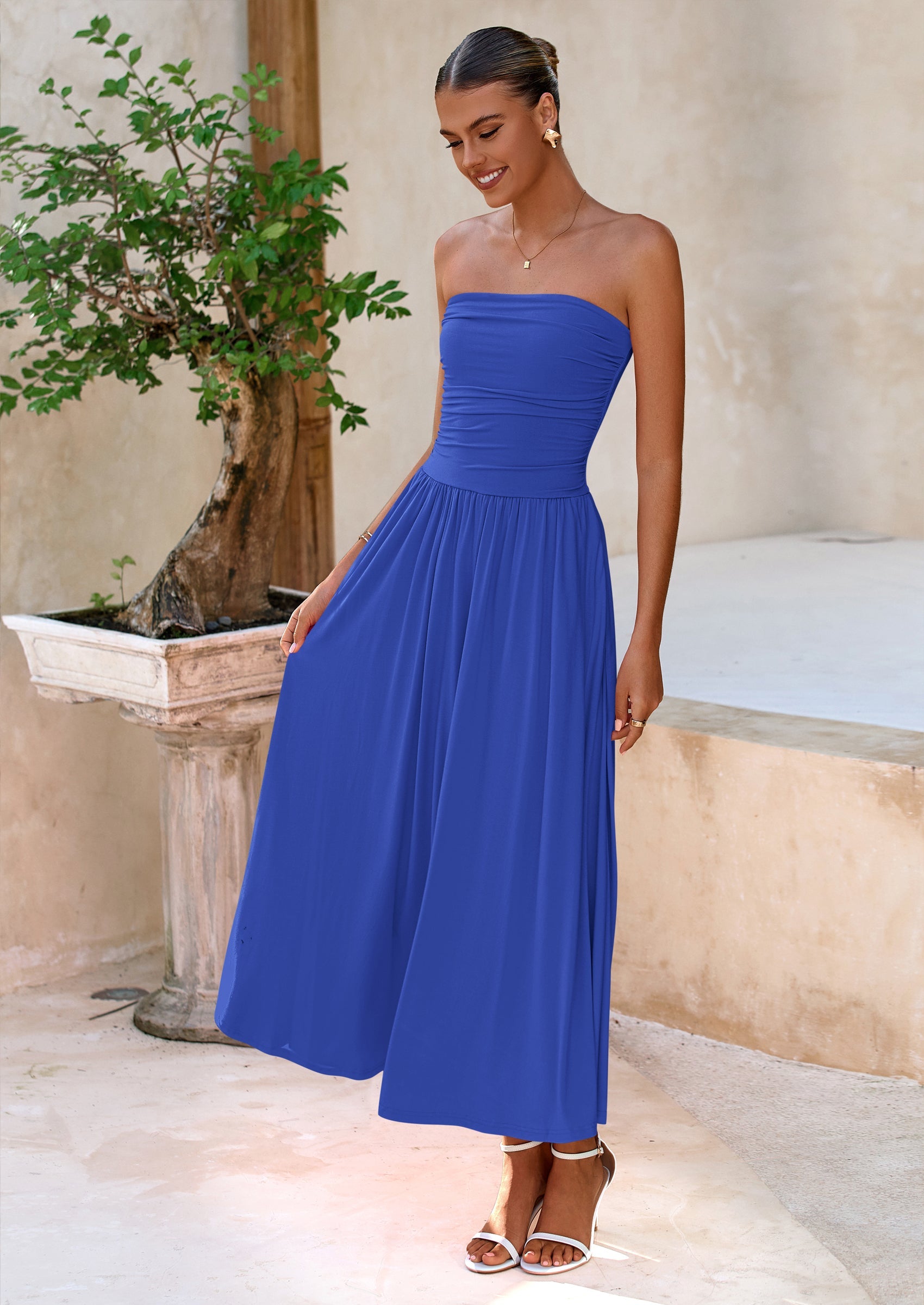 BTFBM Summer Maxi Dresses for Women Strapless Ruched Tube Top Beach Vacation Spring Wedding Guest Dress Pockets PRETTYGARDEN