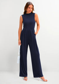 PRETTYGARDEN Womens Summer Jumpsuits Dressy Casual One Piece Outfits Sleeveless Mock Neck Wide Leg Pants Rompers with Pockets