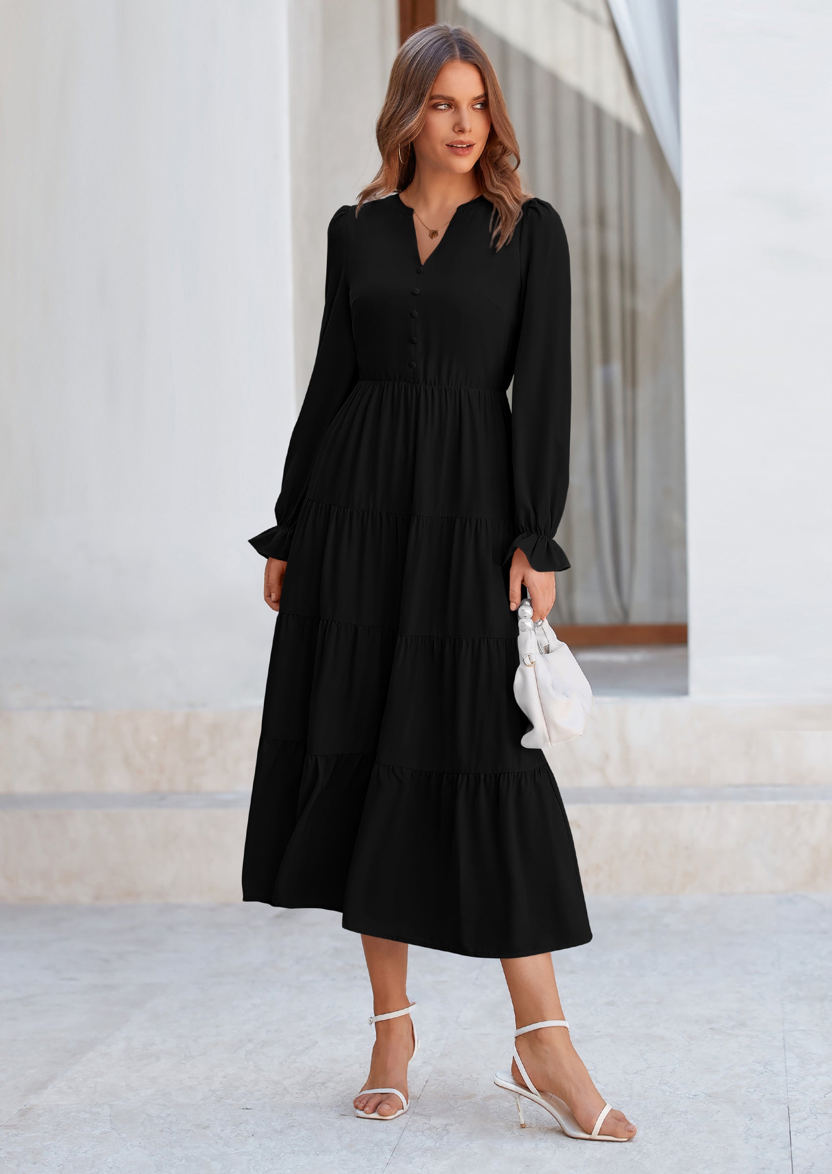 PRETTYGARDEN Women Fall Long Sleeve Smocked Maxi Dress Casual Square Neck Swiss Dot Tiered Ruffle Flowy Spring Pocket Dresses