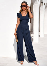 PRETTYGARDEN One Piece Jumpsuits For Women Dressy Ruffle Cap Sleeve V Neck Ribbed Knit Wide Leg Romper Spring Outfits PRETTYGARDEN