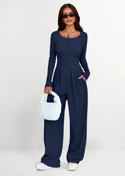 PRETTYGARDEN Jumpsuits for Women Dressy Casual Fall One Piece Outfits Long Sleeve Crew Neck Wide Leg Pants Rompers