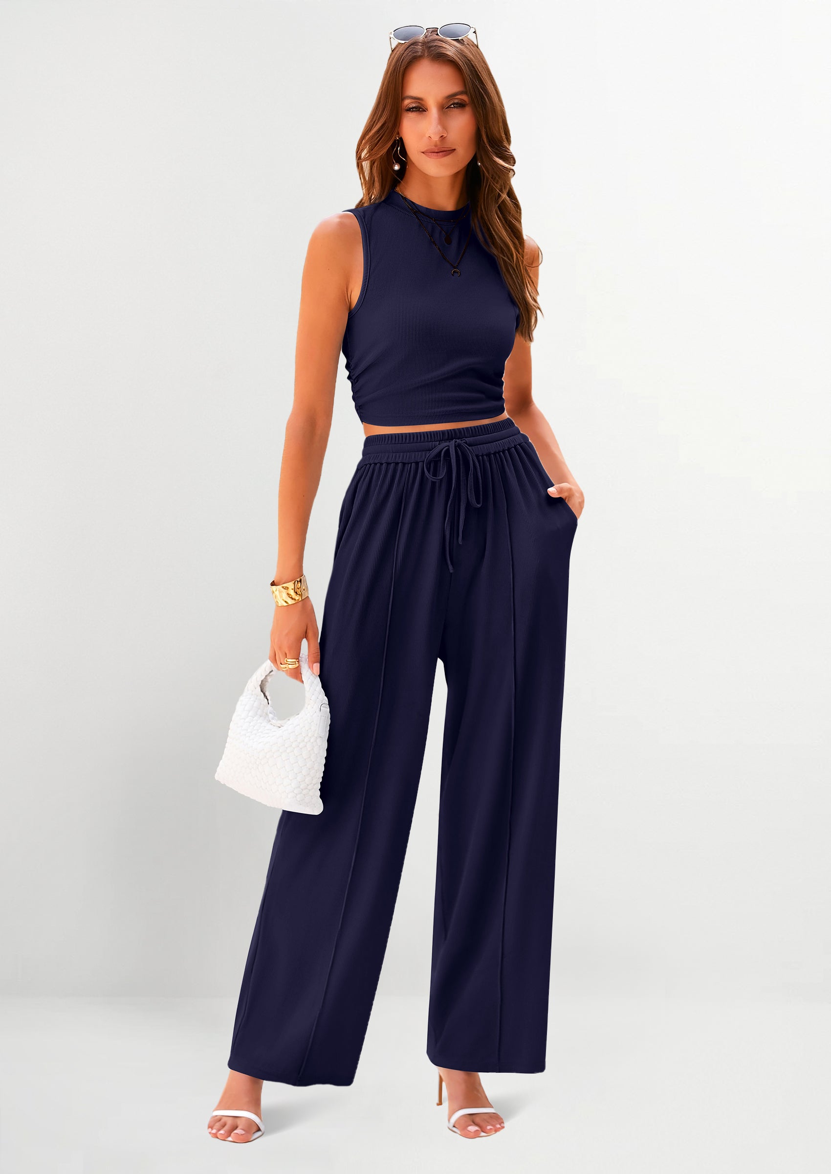 PRETTYGARDEN 2 Piece Sets Sleeveless Tank Ribbed Travel Vacation Lounge Wear Outfits