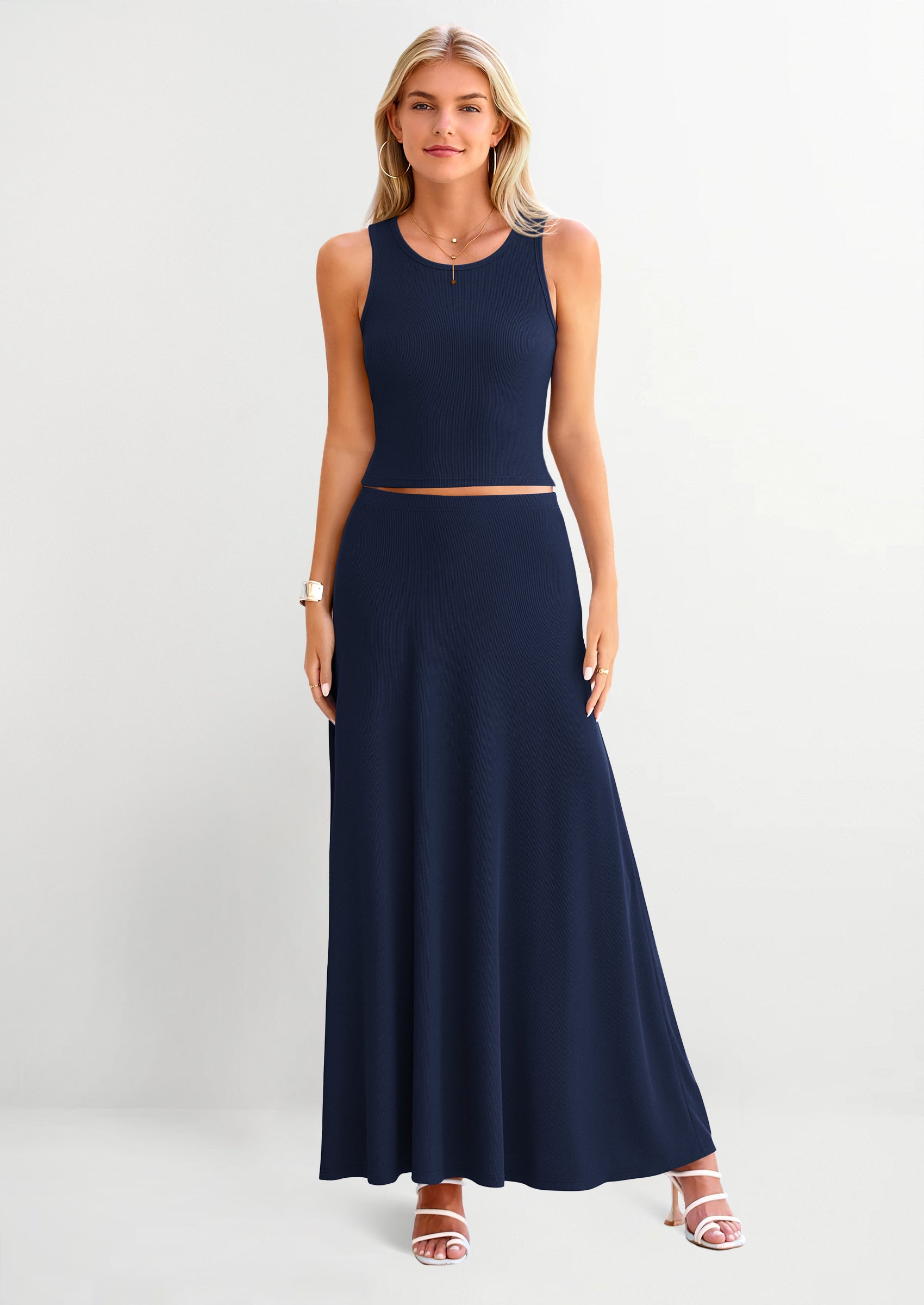 PRETTYGARDEN 2 Piece Maxi Skirt Sets Casual Knit Cropped Tank Top High Waisted Long Skirts Outfit