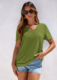 PRETTYGARDEN Women's V Neck T Shirts Summer Short Sleeve Spring Going Out Tops Casual Loose Fit Basic Tees Beach Clothes PRETTYGARDEN