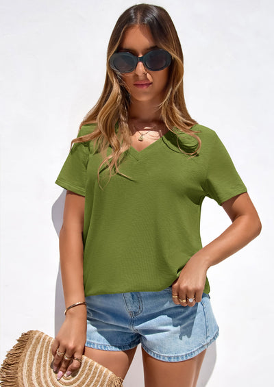 PRETTYGARDEN Women's V Neck T Shirts Summer Short Sleeve Spring Going Out Tops Casual Loose Fit Basic Tees Beach Clothes PRETTYGARDEN
