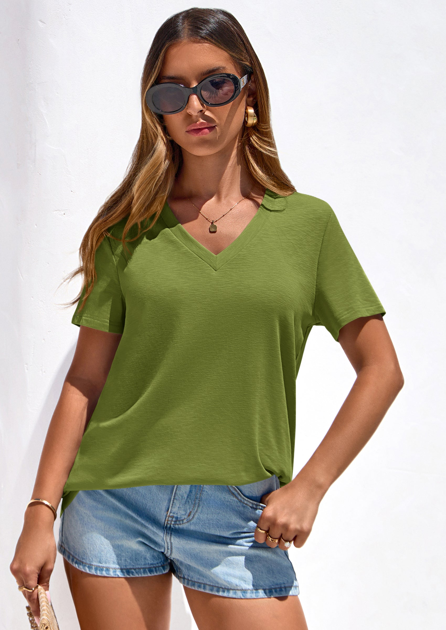 PRETTYGARDEN Women's V Neck T Shirts Summer Short Sleeve Spring Going Out Tops Casual Loose Fit Basic Tees Beach Clothes PRETTYGARDEN