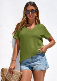 PRETTYGARDEN Women's V Neck T Shirts Summer Short Sleeve Spring Going Out Tops Casual Loose Fit Basic Tees Beach Clothes PRETTYGARDEN