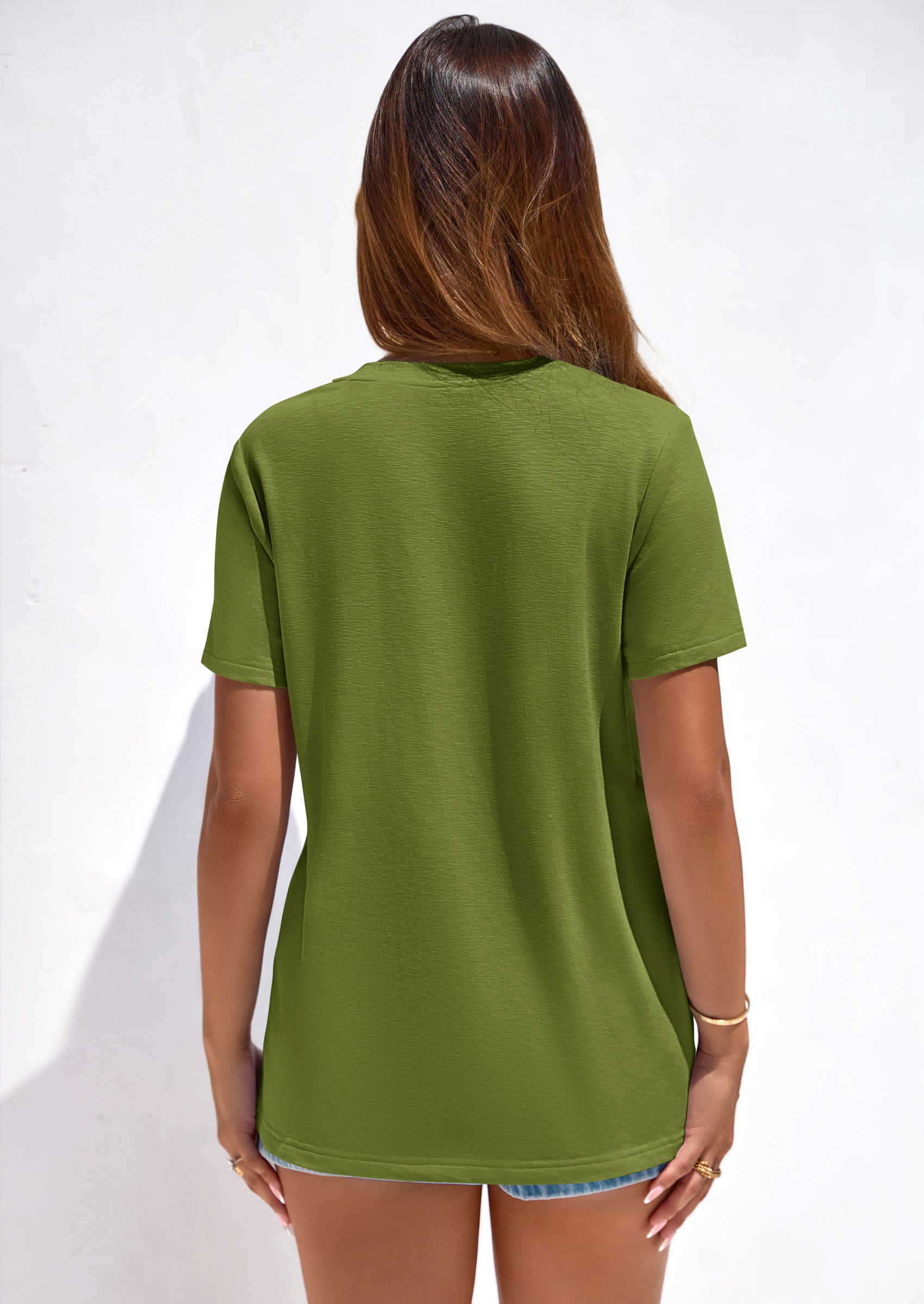 PRETTYGARDEN Women's V Neck T Shirts Summer Short Sleeve Spring Going Out Tops Casual Loose Fit Basic Tees Beach Clothes PRETTYGARDEN