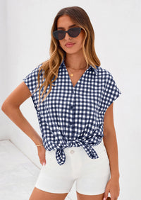 PRETTYGARDEN Womens Button Dwon Shirts V Neck Short Cap Sleeve Collared Plaid Tops Summer Spring Casual Blouses Clothes PRETTYGARDEN