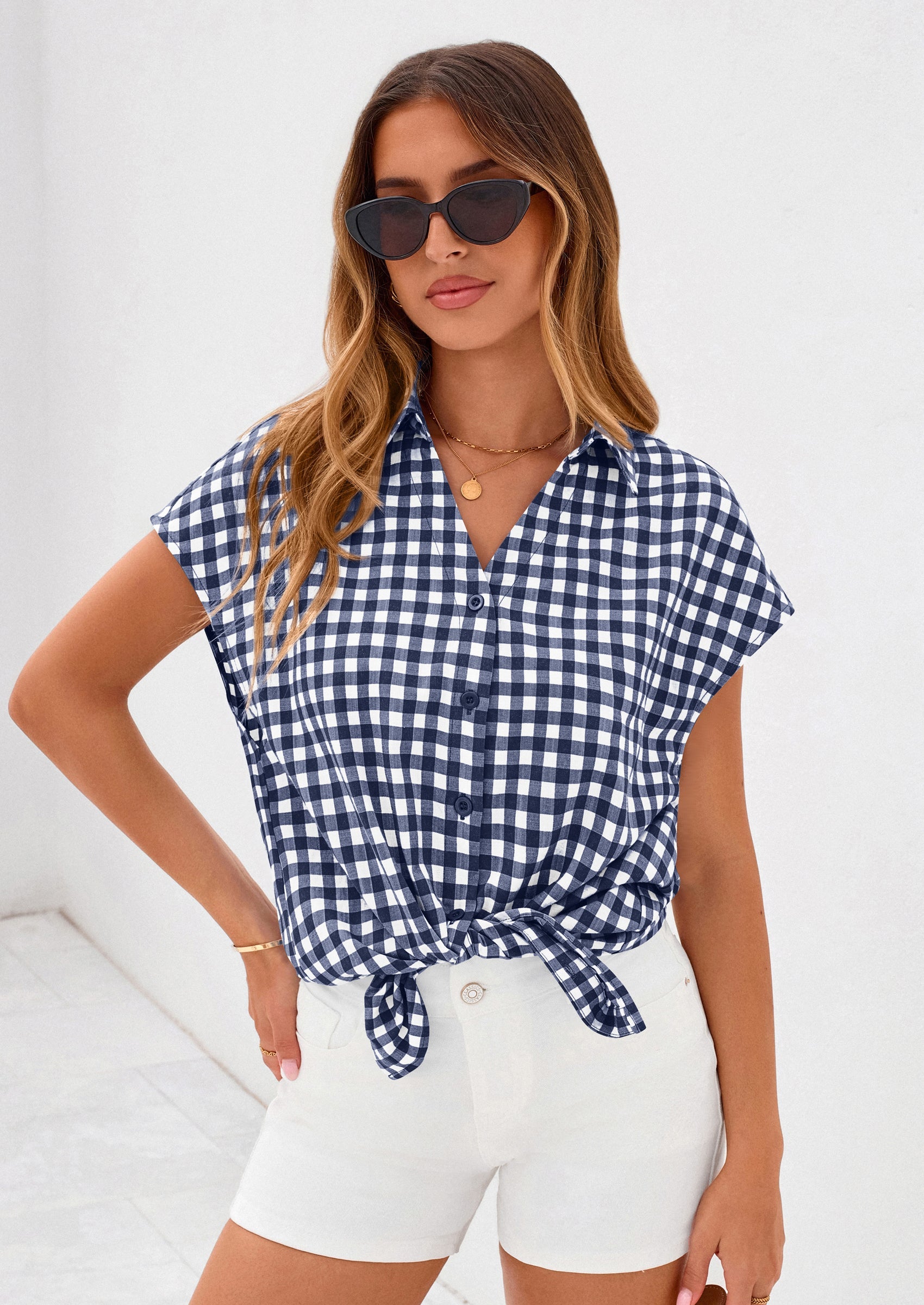 PRETTYGARDEN Womens Button Dwon Shirts V Neck Short Cap Sleeve Collared Plaid Tops Summer Spring Casual Blouses Clothes PRETTYGARDEN