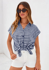 PRETTYGARDEN Womens Button Dwon Shirts V Neck Short Cap Sleeve Collared Plaid Tops Summer Spring Casual Blouses Clothes PRETTYGARDEN