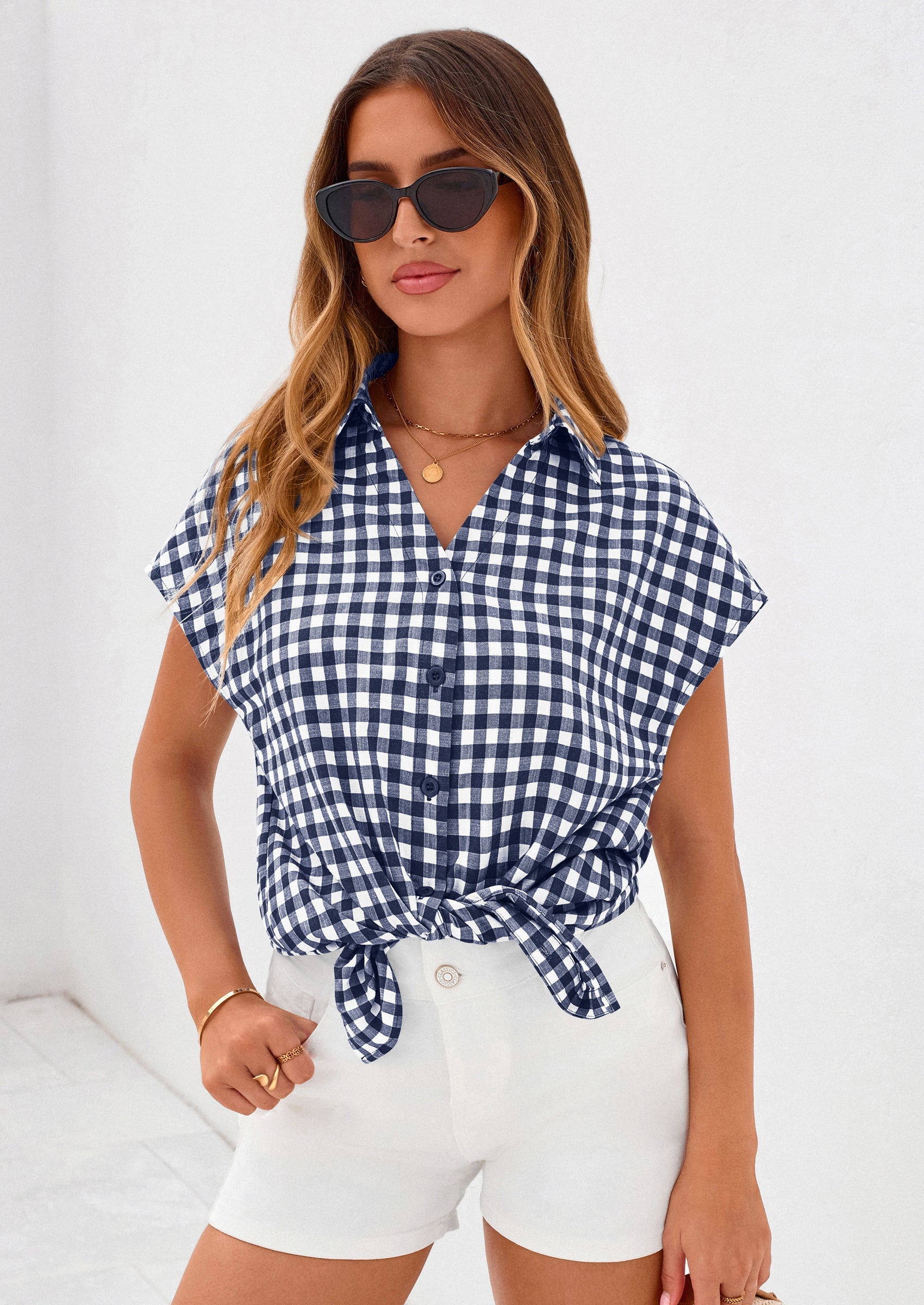 PRETTYGARDEN Womens Button Dwon Shirts V Neck Short Cap Sleeve Collared Plaid Tops Summer Spring Casual Blouses Clothes PRETTYGARDEN