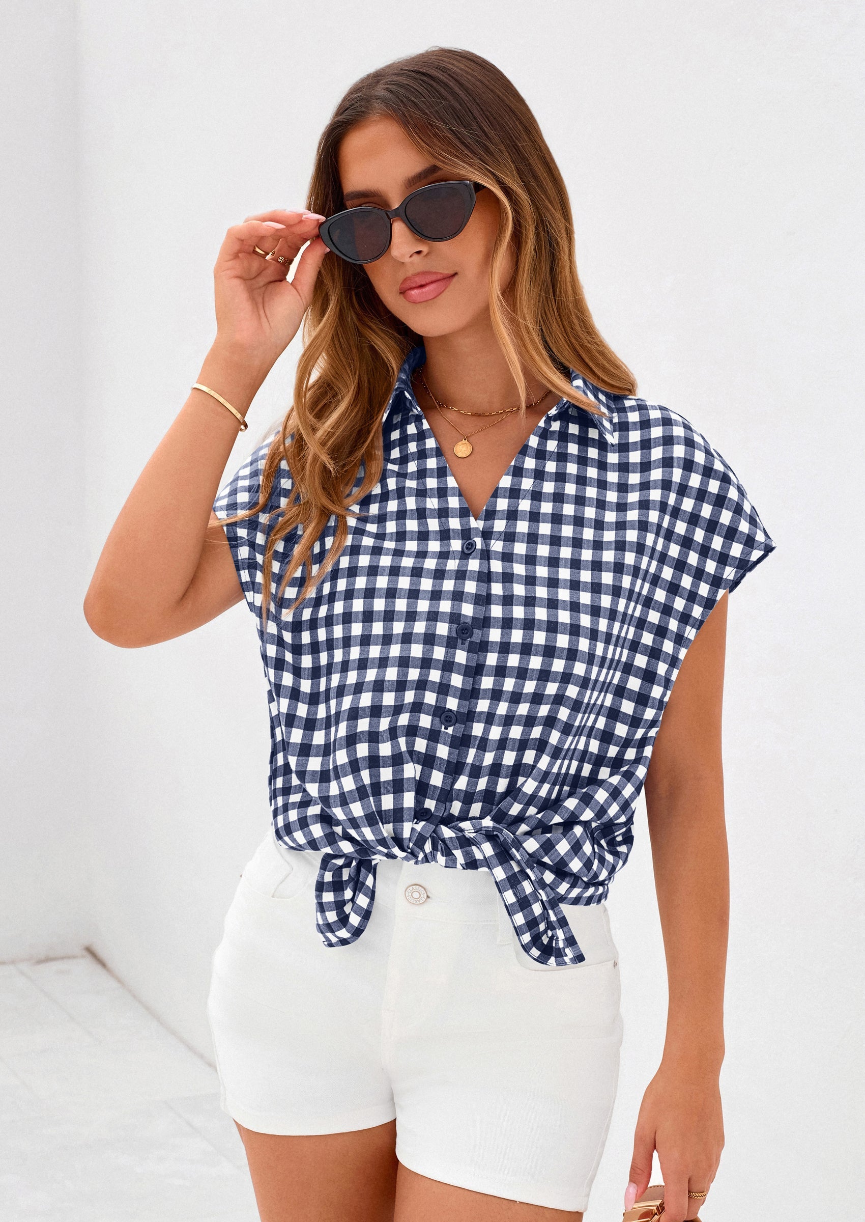 PRETTYGARDEN Womens Button Dwon Shirts V Neck Short Cap Sleeve Collared Plaid Tops Summer Spring Casual Blouses Clothes PRETTYGARDEN