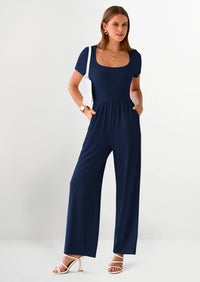 PRETTYGARDEN Women's Summer One Piece Jumpsuits Dressy Casual Short Sleeve Square Neck Wide Leg Jumpsuit Rompers