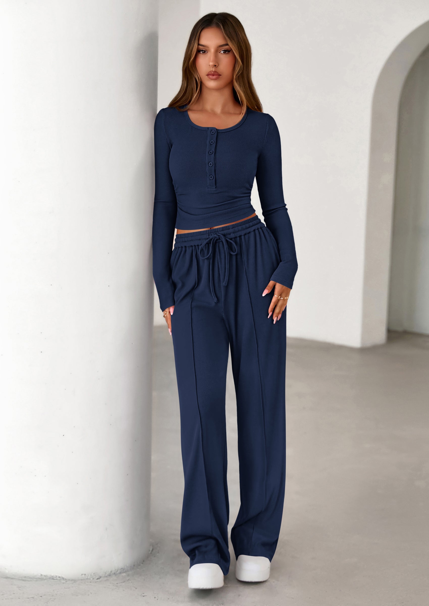 PRETTYGARDEN Women's Fall Trendy 2 Piece Outfits Lounge Sets Long Sleeve Top Henley Shirts Wide Leg Pants Travel Clothes