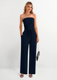 PRETTYGARDEN 2 Piece Sets Casual Ribbed Knit Crop Tube Top Wide Leg Pants Lounge Set