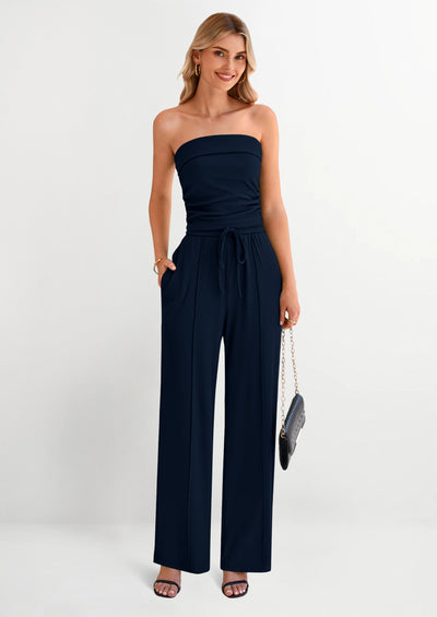 PRETTYGARDEN 2 Piece Sets Casual Ribbed Knit Crop Tube Top Wide Leg Pants Lounge Set