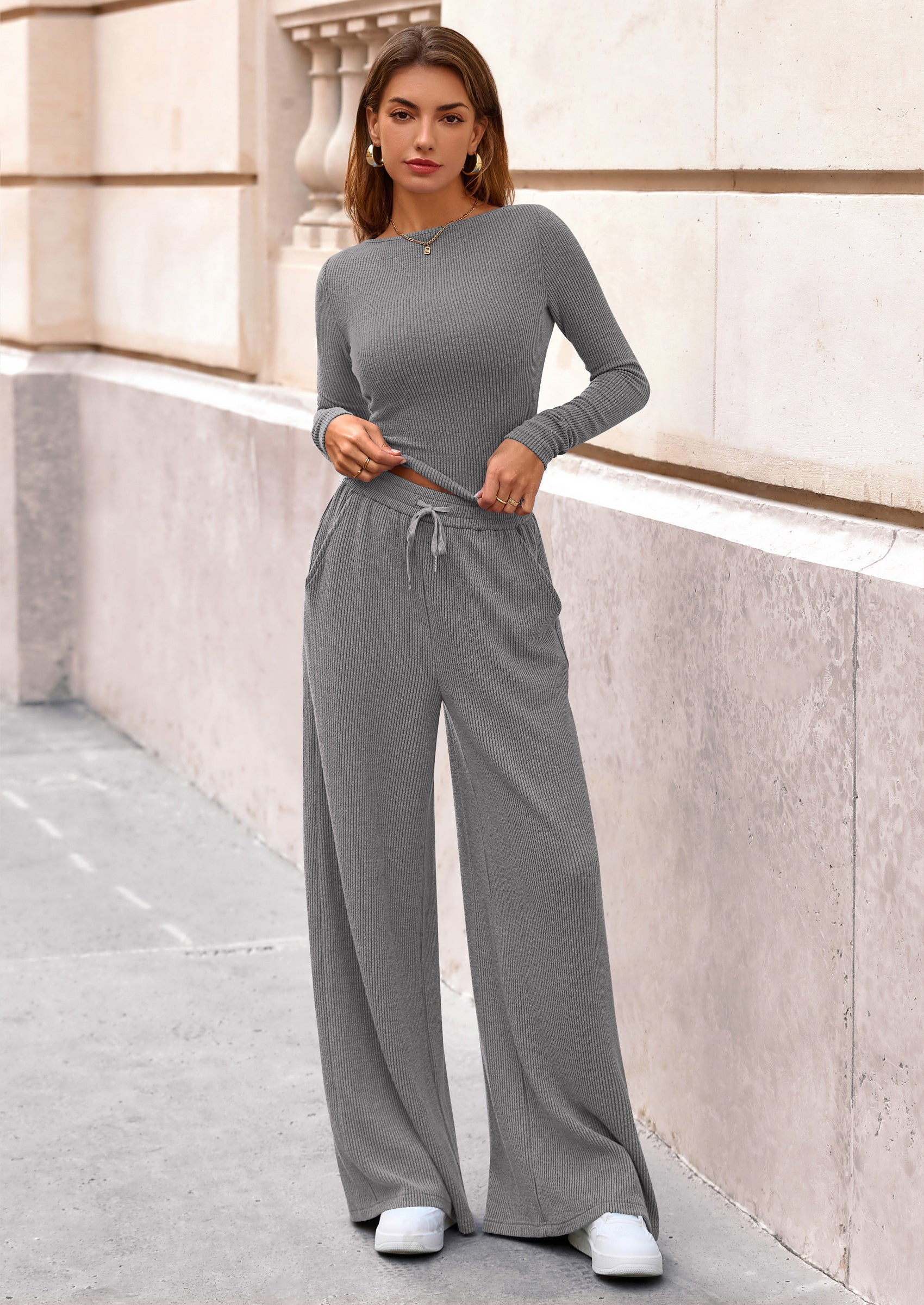 PRETTYGARDEN Women's 2 Piece Lounge Sets Fall Fashion Long Sleeve Crop Top Wide Leg Pants Matching Sets Clothing