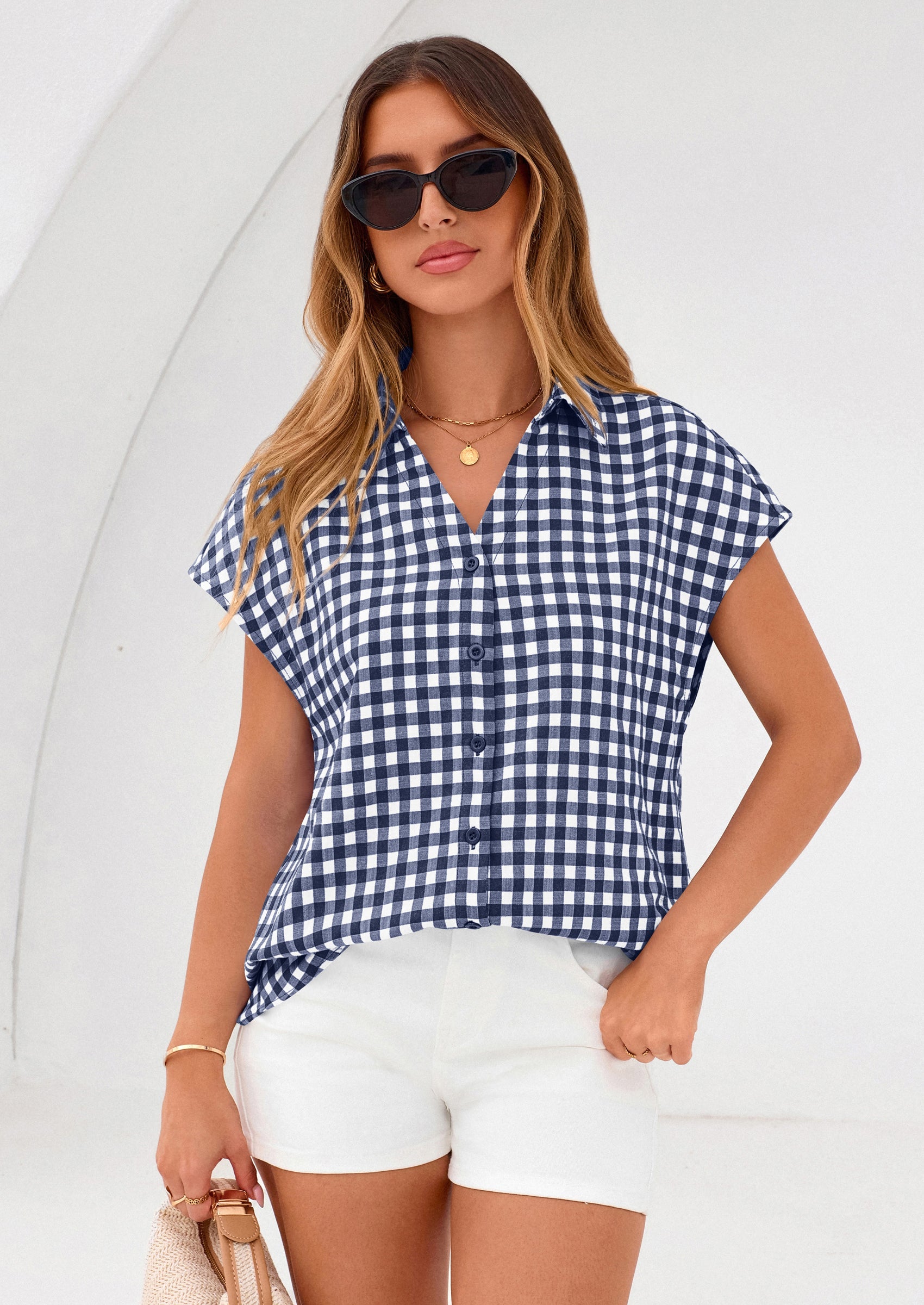 PRETTYGARDEN Womens Button Dwon Shirts V Neck Short Cap Sleeve Collared Plaid Tops Summer Spring Casual Blouses Clothes PRETTYGARDEN