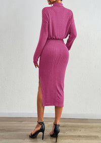 PRETTYGARDEN Turtle Neck Dresses for Women Fall Knit Outfits Slit Elastic Waist Long Sleeve Bodycon Midi Sweater Dress