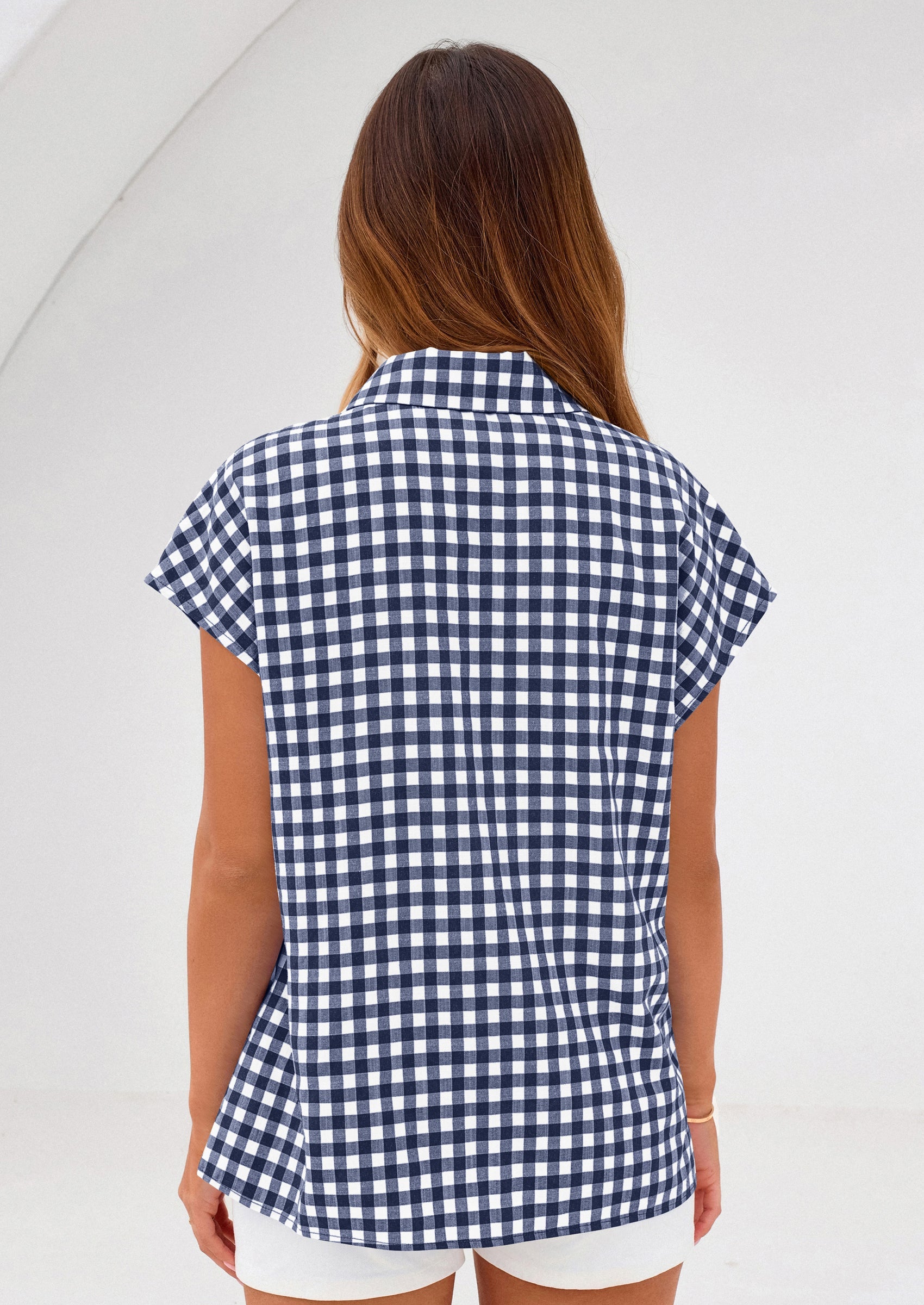 PRETTYGARDEN Womens Button Dwon Shirts V Neck Short Cap Sleeve Collared Plaid Tops Summer Spring Casual Blouses Clothes PRETTYGARDEN